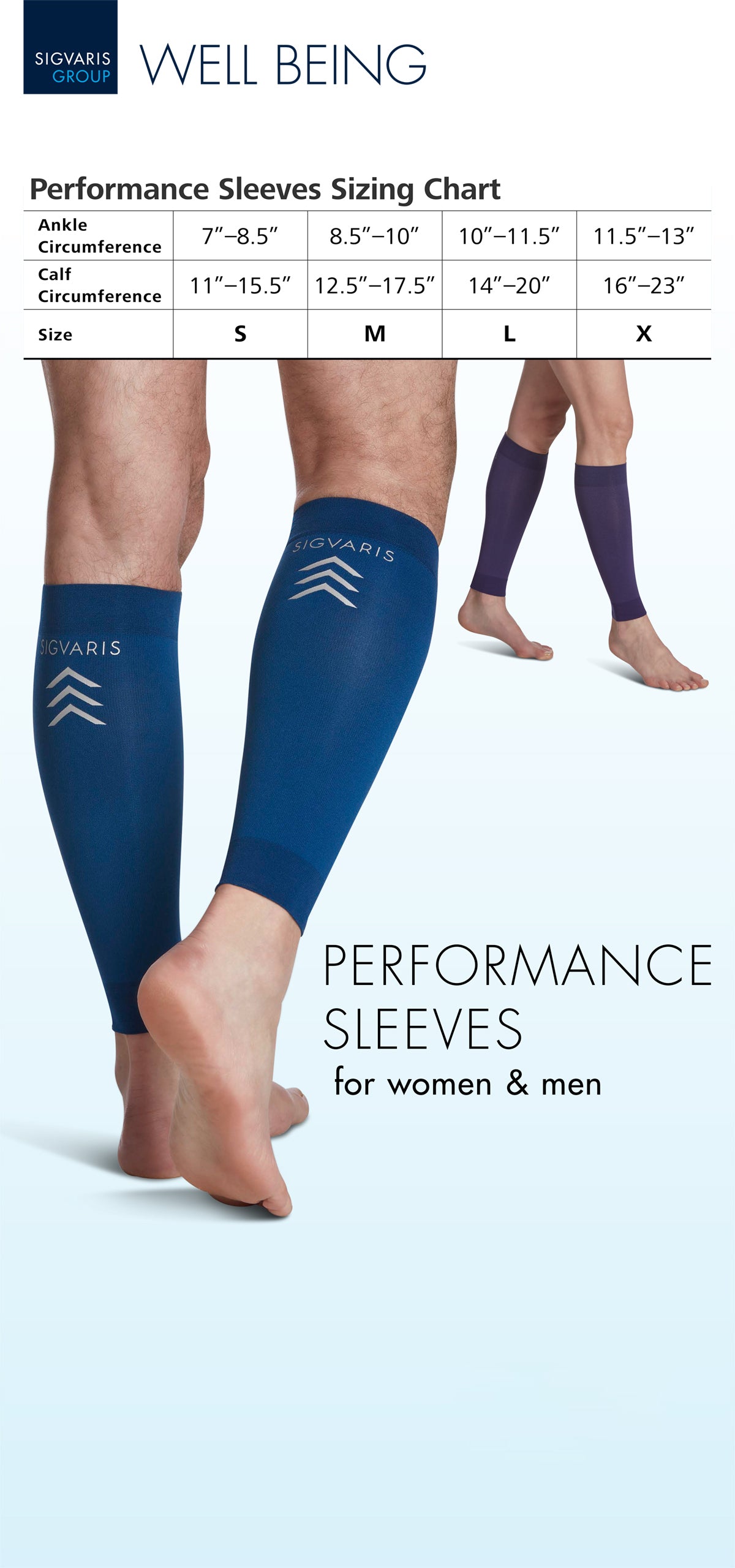 Sizing chart for Ovaris performance sleeves with measurements and a model wearing the sleeves.