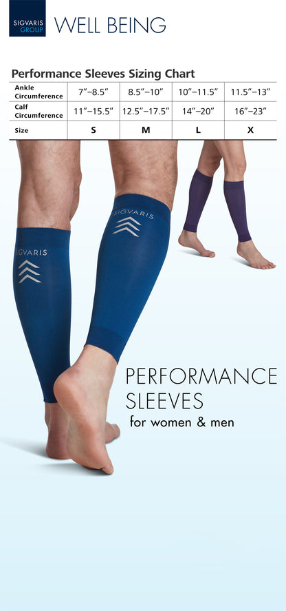 Sizing chart for Ovaris performance sleeves with measurements and a model wearing the sleeves.