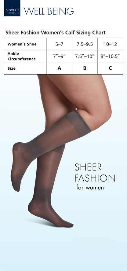 Sheer fashion women's calf sizing chart with a person wearing stockings on a light blue background.