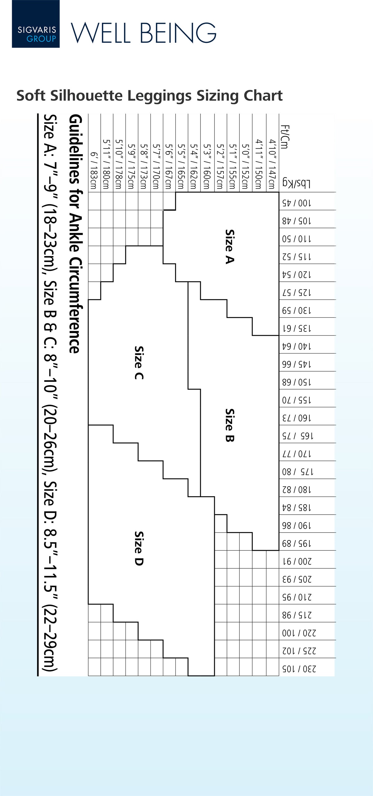 Silhouette leggings sizing chart with size guidelines on a white background