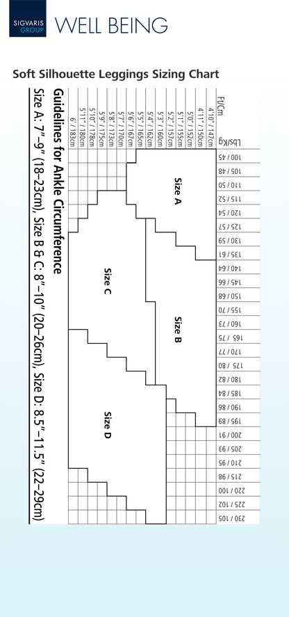 Silhouette leggings sizing chart with size guidelines on a white background
