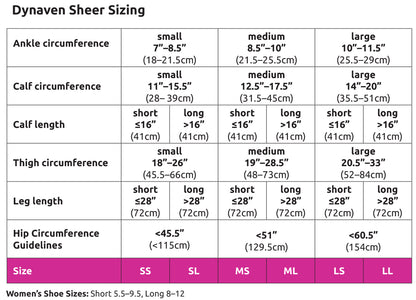 Dynaven Sheer Sizing chart for women's shoes with measurements and shoe size categories.
