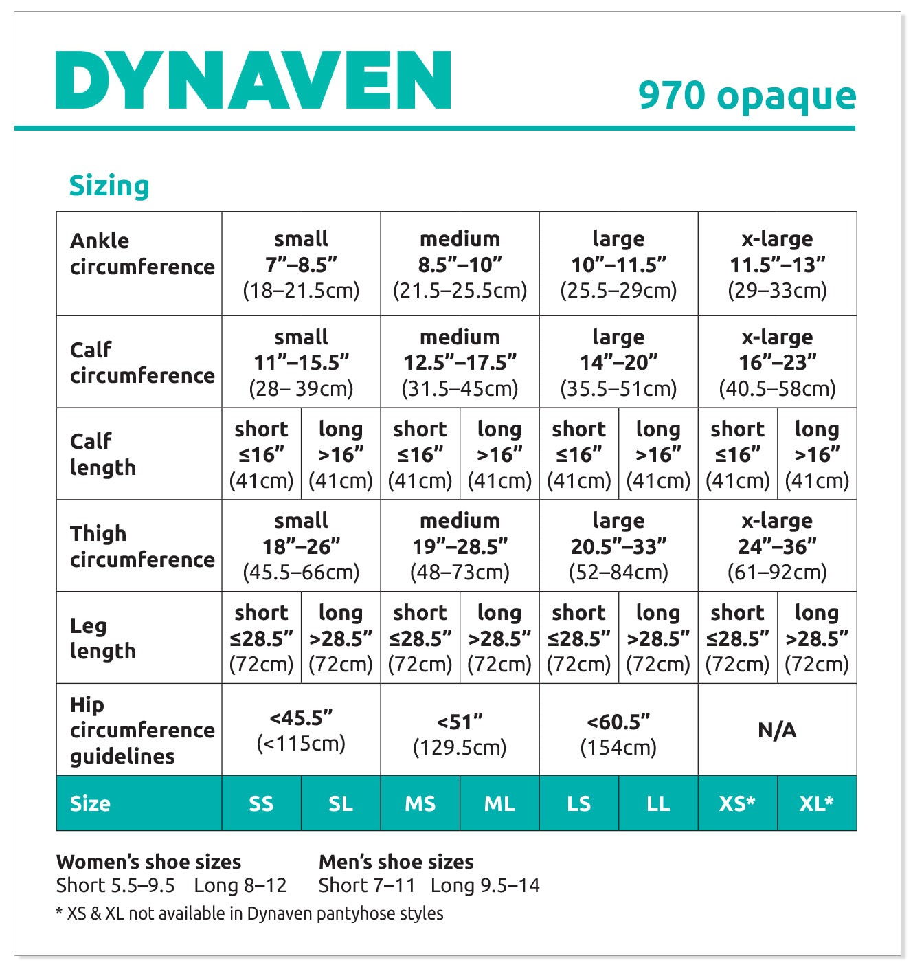 Dynaven size chart for 970 opaque product with measurements and shoe size conversion.