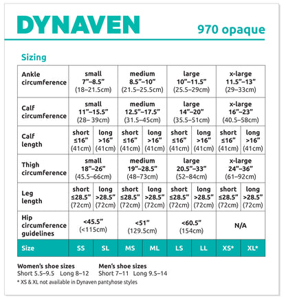 Dynaven size chart for 970 opaque product with measurements and shoe size conversion.