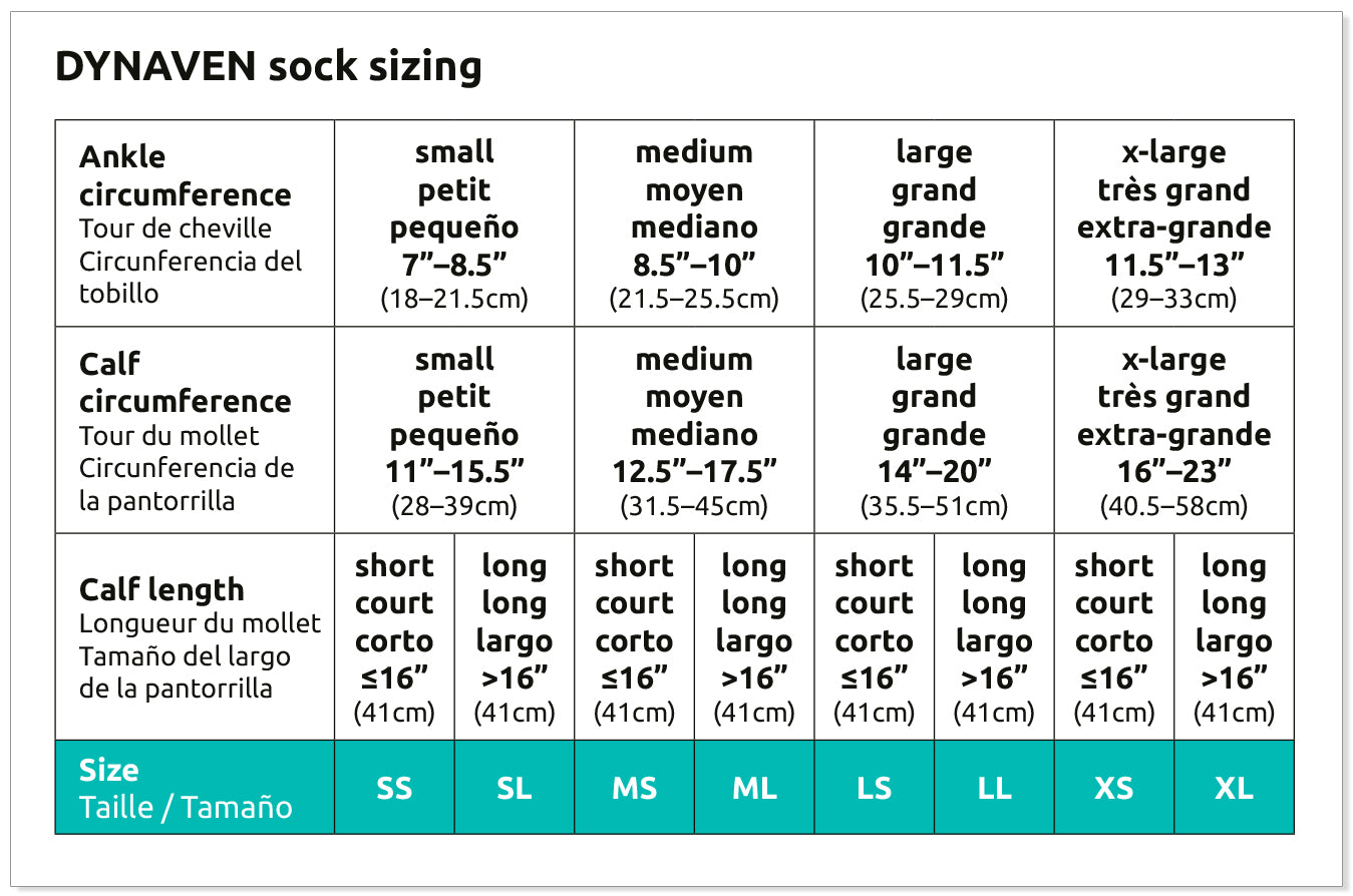 DYNAVEN sock sizing chart with measurements in both English and French.