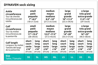 DYNAVEN sock sizing chart with measurements in both English and French.