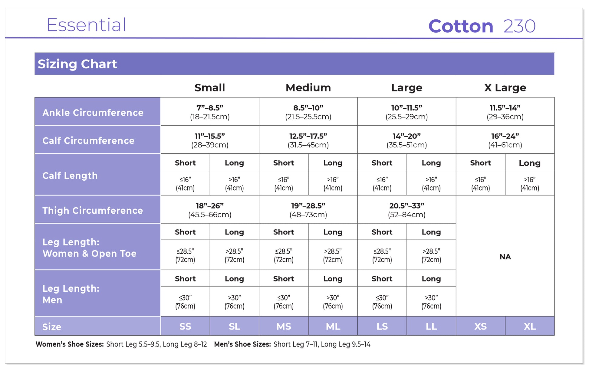 Sizing chart for pants with measurements in centimeters and inches, labeled 'Essential Cotton 230'.