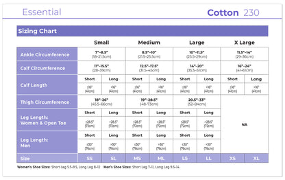 Sizing chart for pants with measurements in centimeters and inches, labeled 'Essential Cotton 230'.