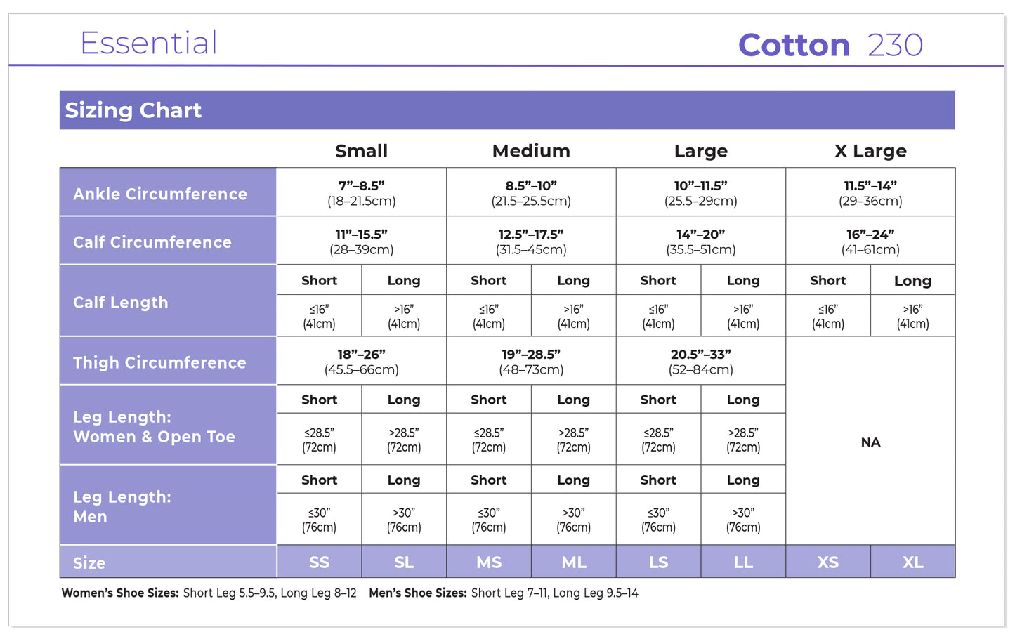 Sizing chart for pants with measurements in centimeters and inches, labeled 'Essential Cotton 230'.