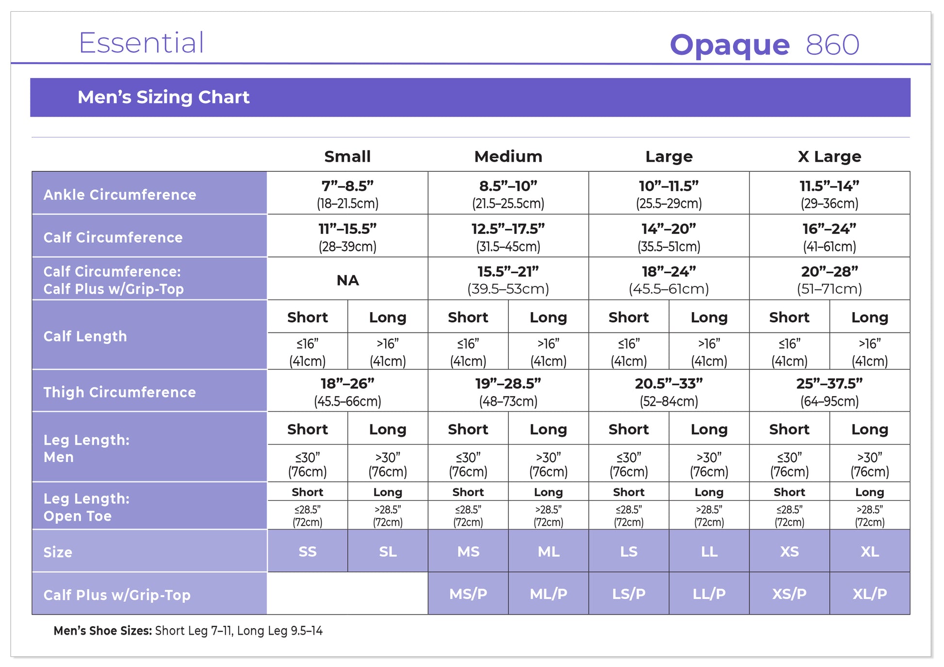 Men's sizing chart for Opaque 860 product with measurements in inches.