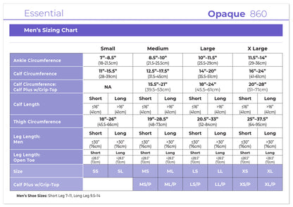 Men's sizing chart for Opaque 860 product with measurements in inches.