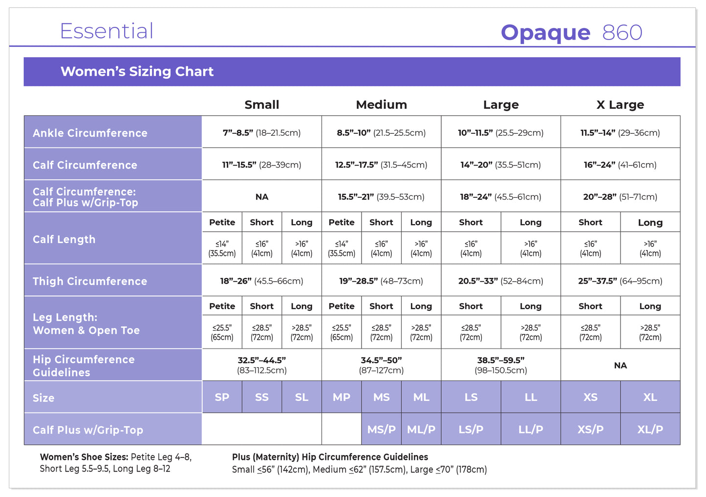 Sizing chart for women's opaque tights with measurements and size guide.