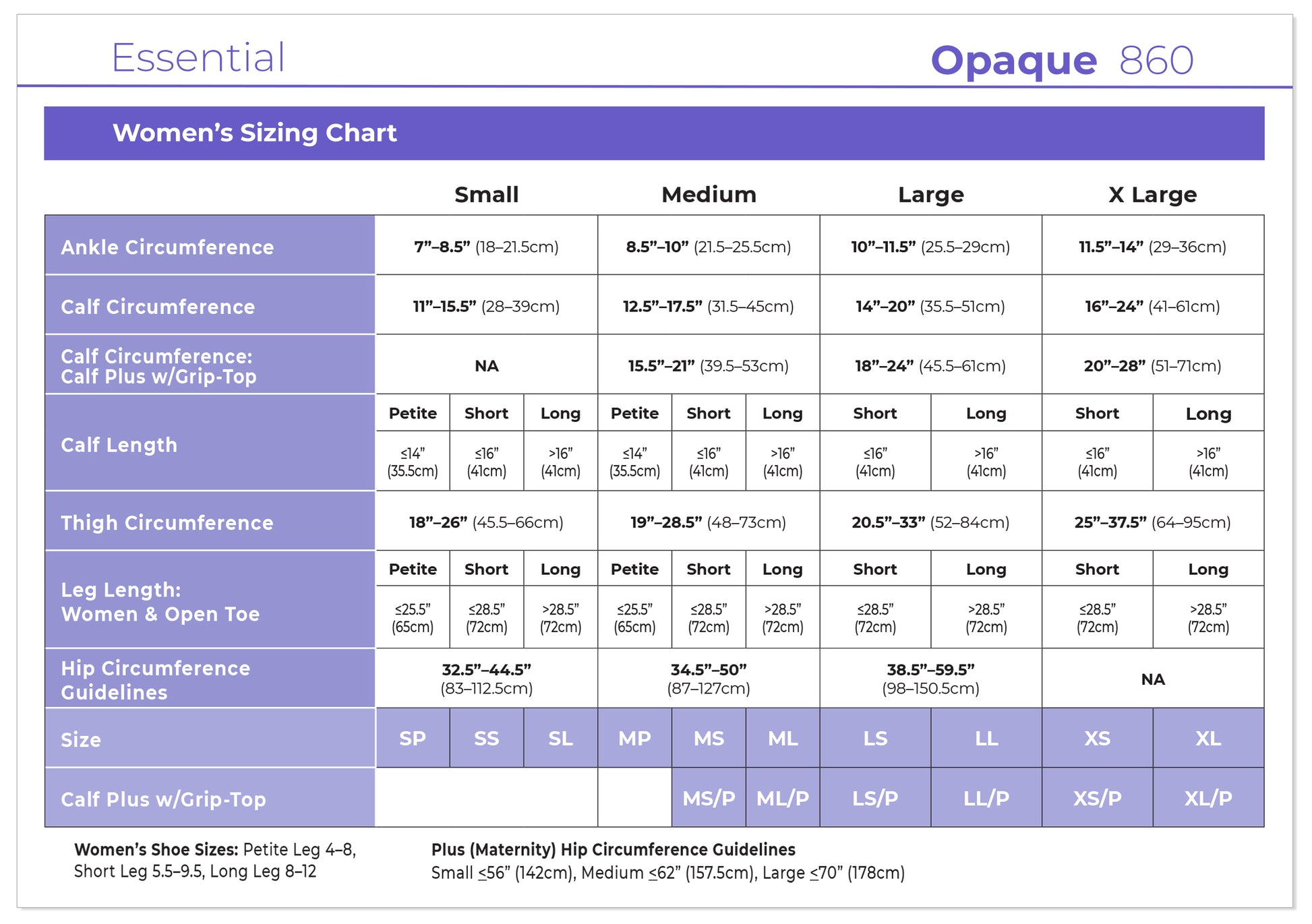 Sizing chart for women's opaque tights with measurements and size guide.