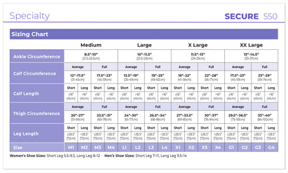 Sizing chart for Secure 550 products with measurements and shoe size conversions.