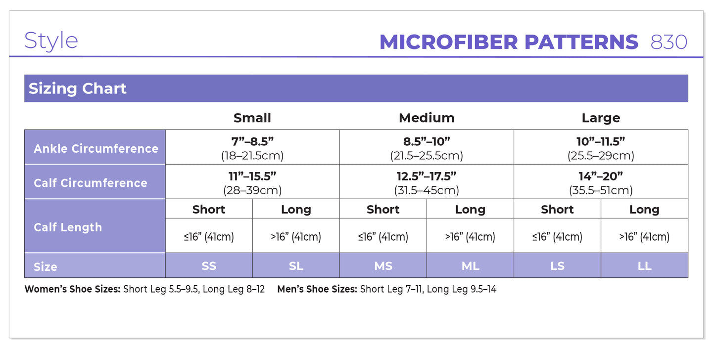 Microfiber pattern size chart with measurements for ankle, calf, and leg circumference.