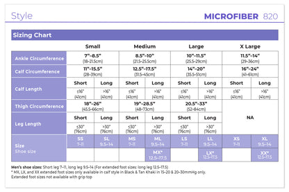 Sizing chart for microfiber 820 product with measurements and shoe size conversions.