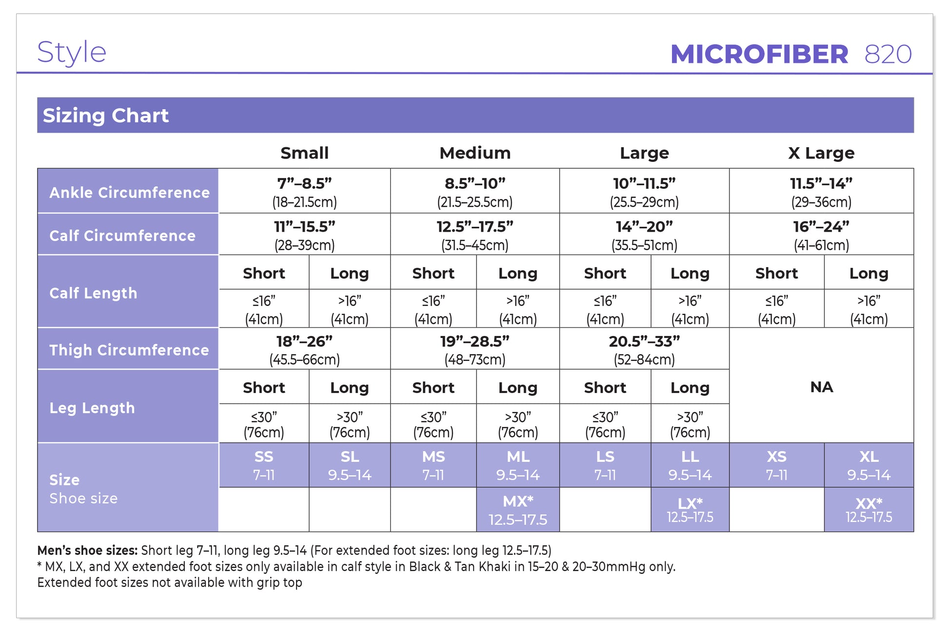 Sizing chart for microfiber 820 product with measurements and shoe size conversions.