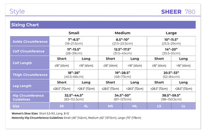 Sizing chart for sheer stockings with measurements in centimeters and shoe size equivalents.