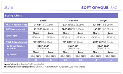Sizing chart for soft opaque leggings with measurements and size guide.