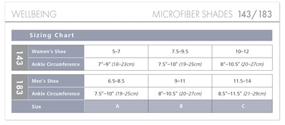 Sizing chart for microfiber shades with shoe size and ankle circumference measurements.