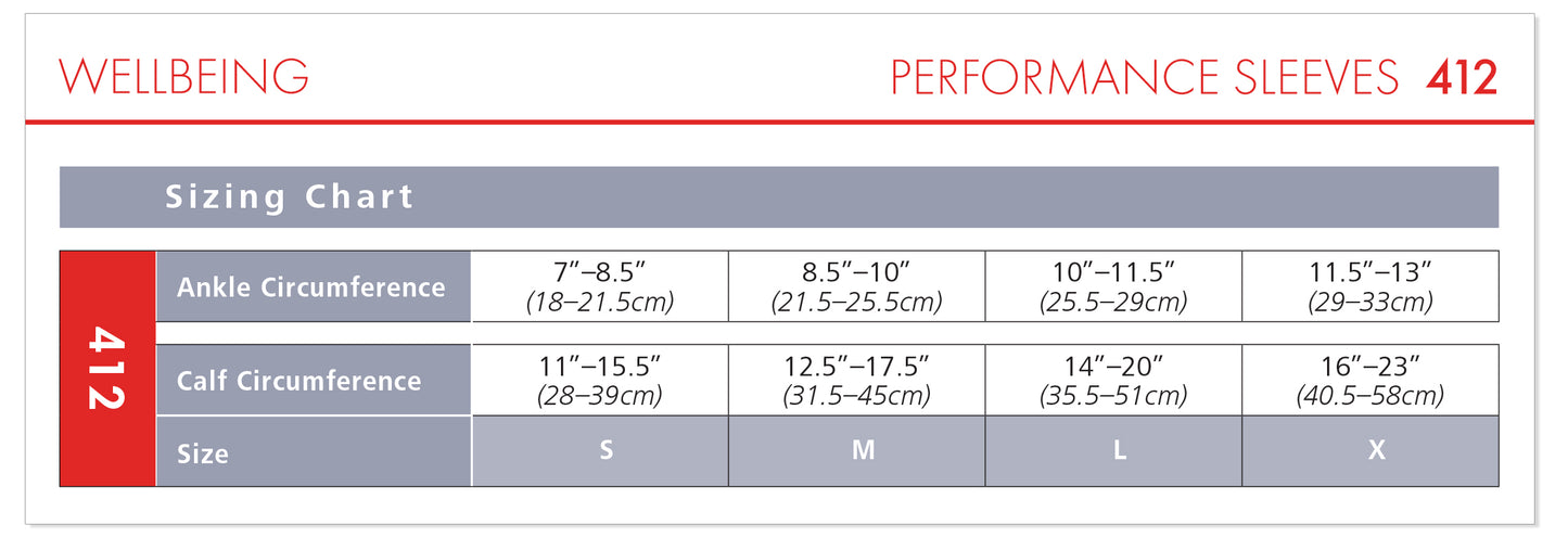 Sizing chart for performance sleeves with ankle and calf circumference measurements.