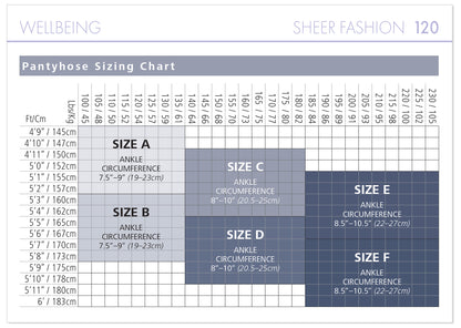 Pantyhose sizing chart for 'Sheer Fashion 120' with size labels A to F.