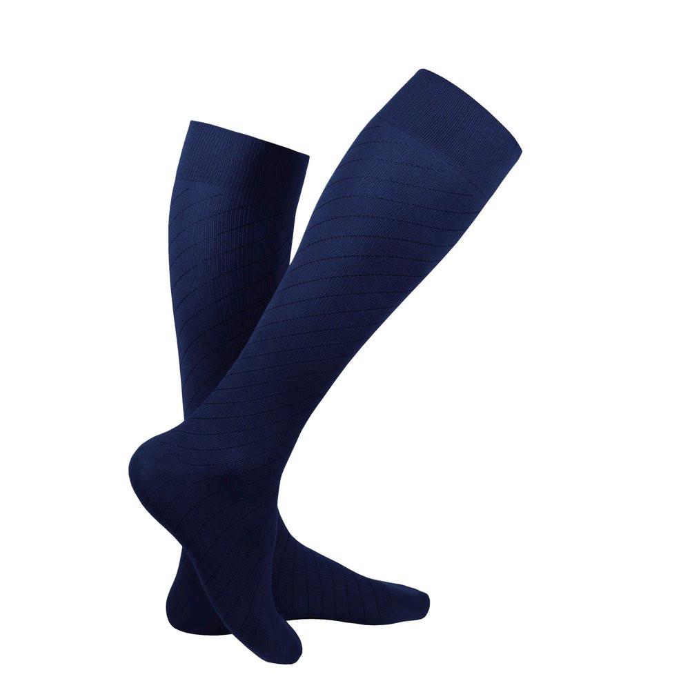 Pair of navy blue knee-high socks on a white background