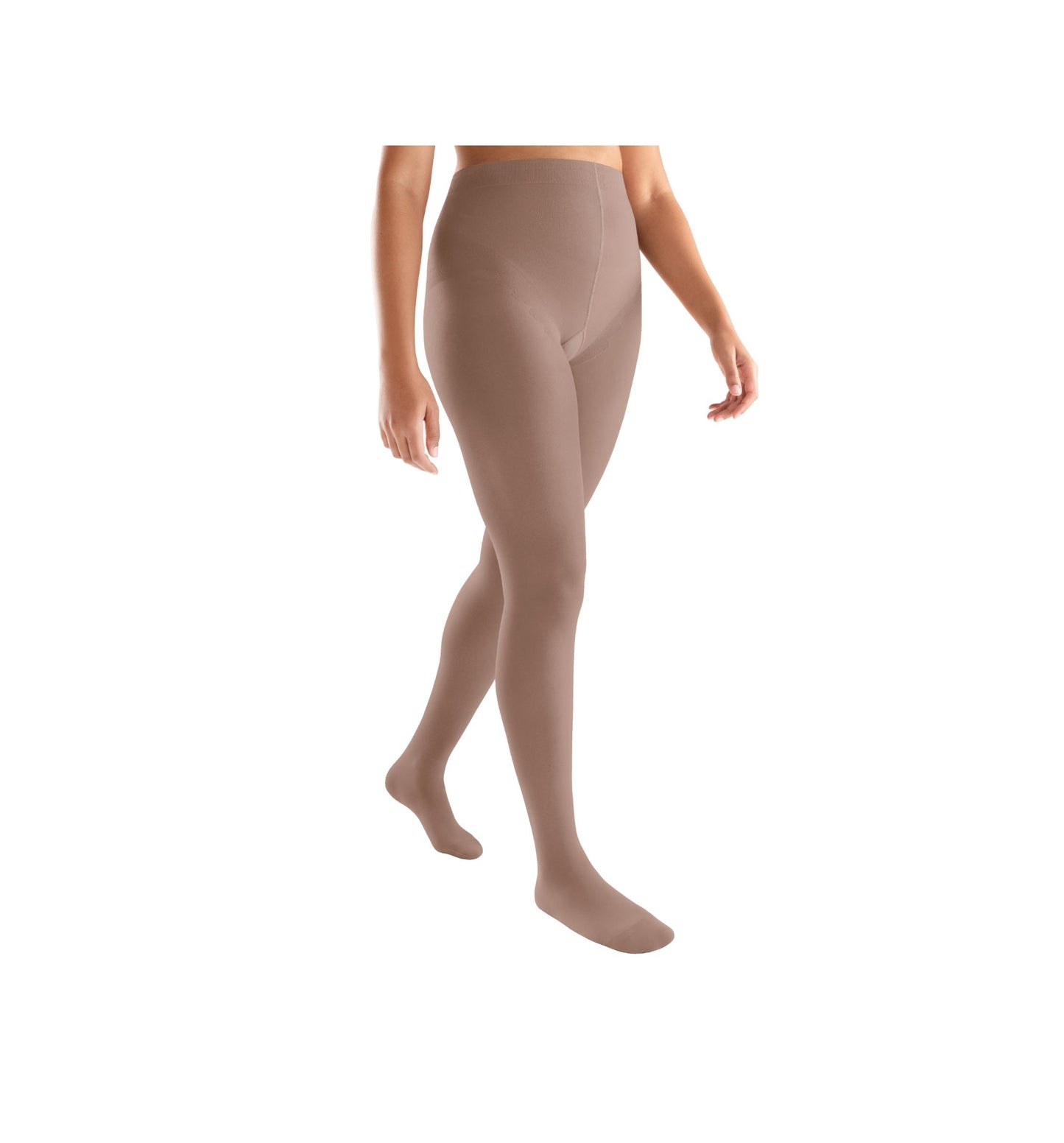 Beige tights worn by a person on a white background