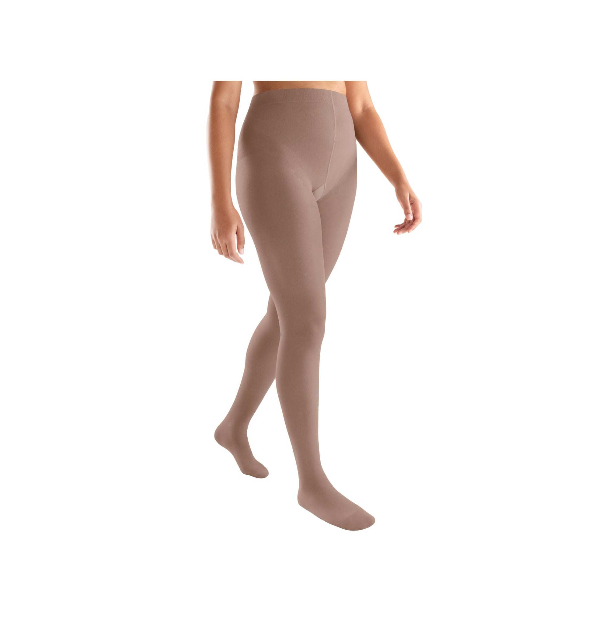 Beige tights worn by a person on a white background