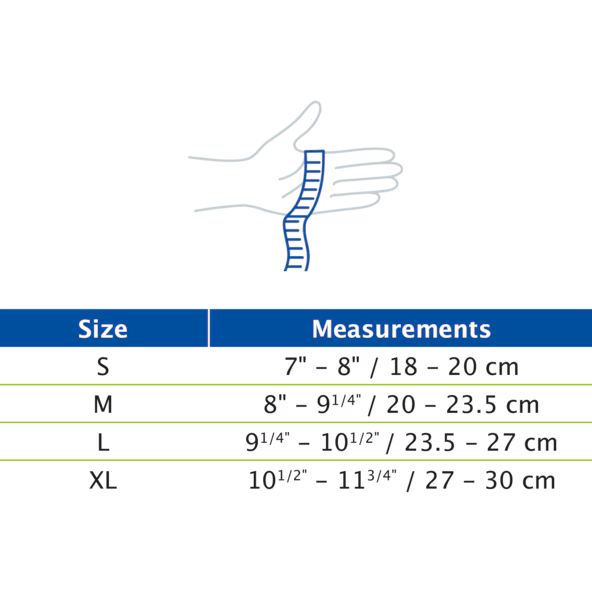 Measurement chart for shoe size with hand and foot illustration on a black background