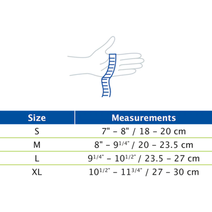 Measurement chart for shoe size with hand and foot illustration on a black background