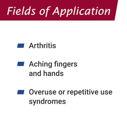 List of fields of application including Arthritis, Aching fingers and hands, and Overuse or repetitive use syndromes on a white background.