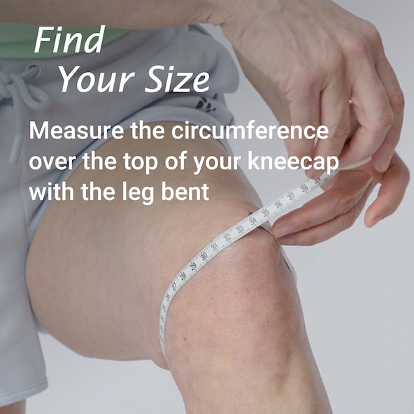 Person measuring the circumference over the top of a kneecap with a measuring tape.