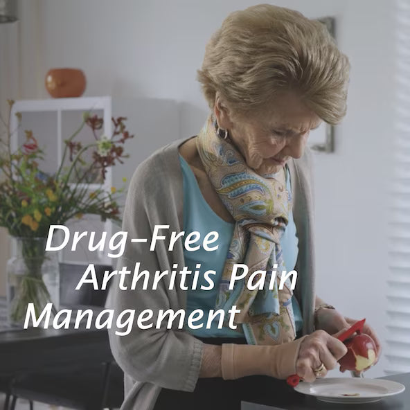 Woman with arthritis cutting an apple in a kitchen with text 'Drug-Free Arthritis Pain Management'.