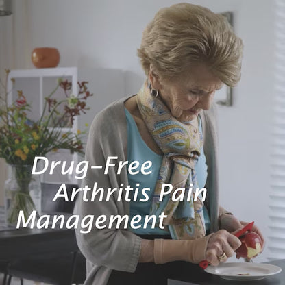 Woman with arthritis cutting an apple in a kitchen with text 'Drug-Free Arthritis Pain Management'.