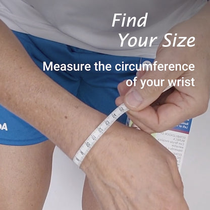 Person measuring wrist circumference with text 'Find Your Size' and 'Measure the circumference of your wrist'.