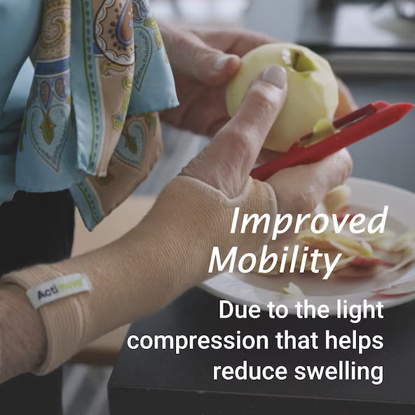 Person using a red apple peeler with text about improved mobility and compression benefits.