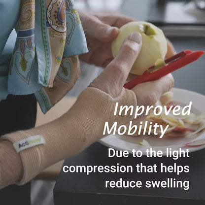 Person using a red apple peeler with text about improved mobility and compression benefits.