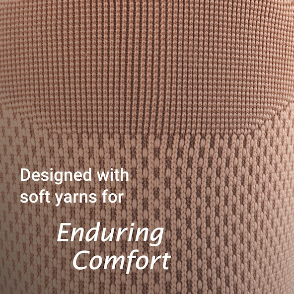 Close-up of brown textured fabric with text 'Designed with soft yarns for Enduring Comfort' from Compressionsale.
