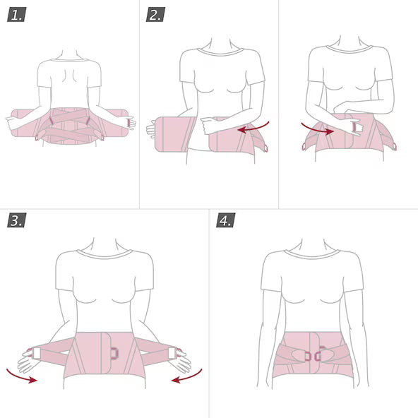 Step-by-step diagram showing how to wear a pink garment with a belt.