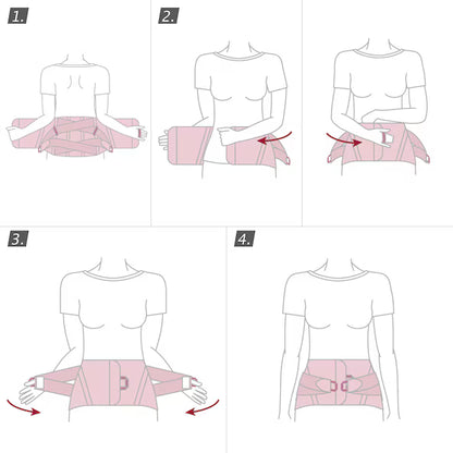 Step-by-step diagram showing how to wear a pink garment with a belt.