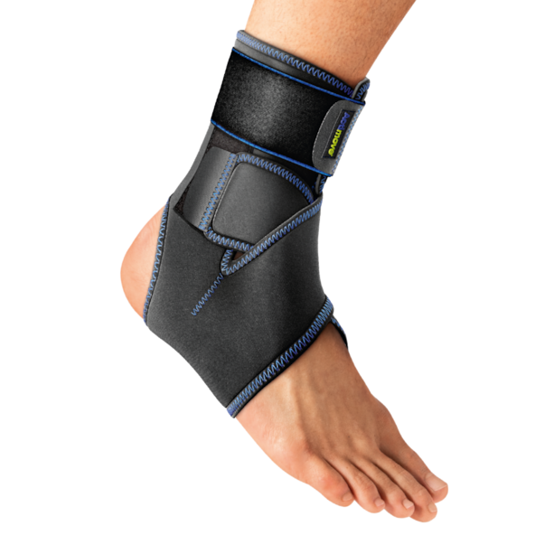 Black ankle support brace from Compressionsale worn on a person's foot on a white background