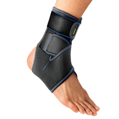 Black ankle support brace from Compressionsale worn on a person's foot on a white background