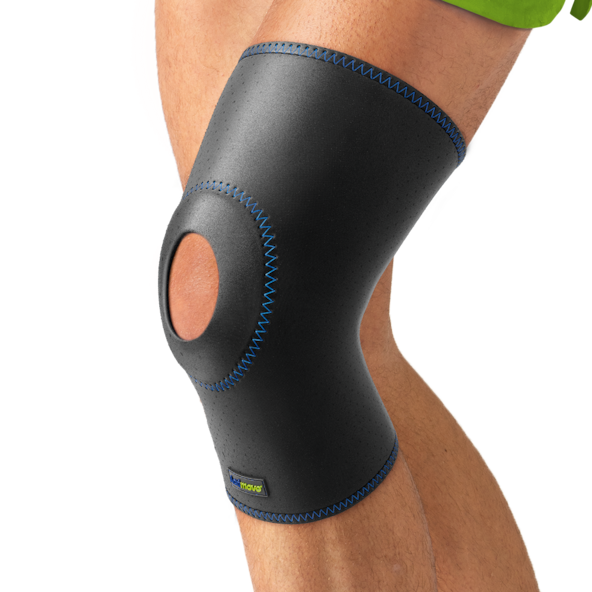 Black knee brace with blue stitching on a person's knee