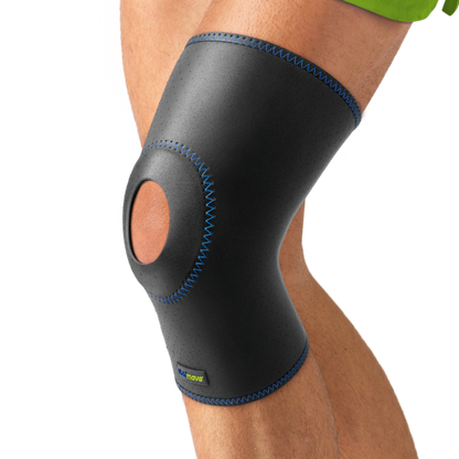 Black knee brace with blue stitching on a person's knee