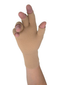Beige fingerless glove on a hand with pink nail polish from Compressionsale on a white background