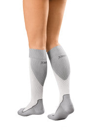 Gray knee-high socks with a brand logo on a white background
