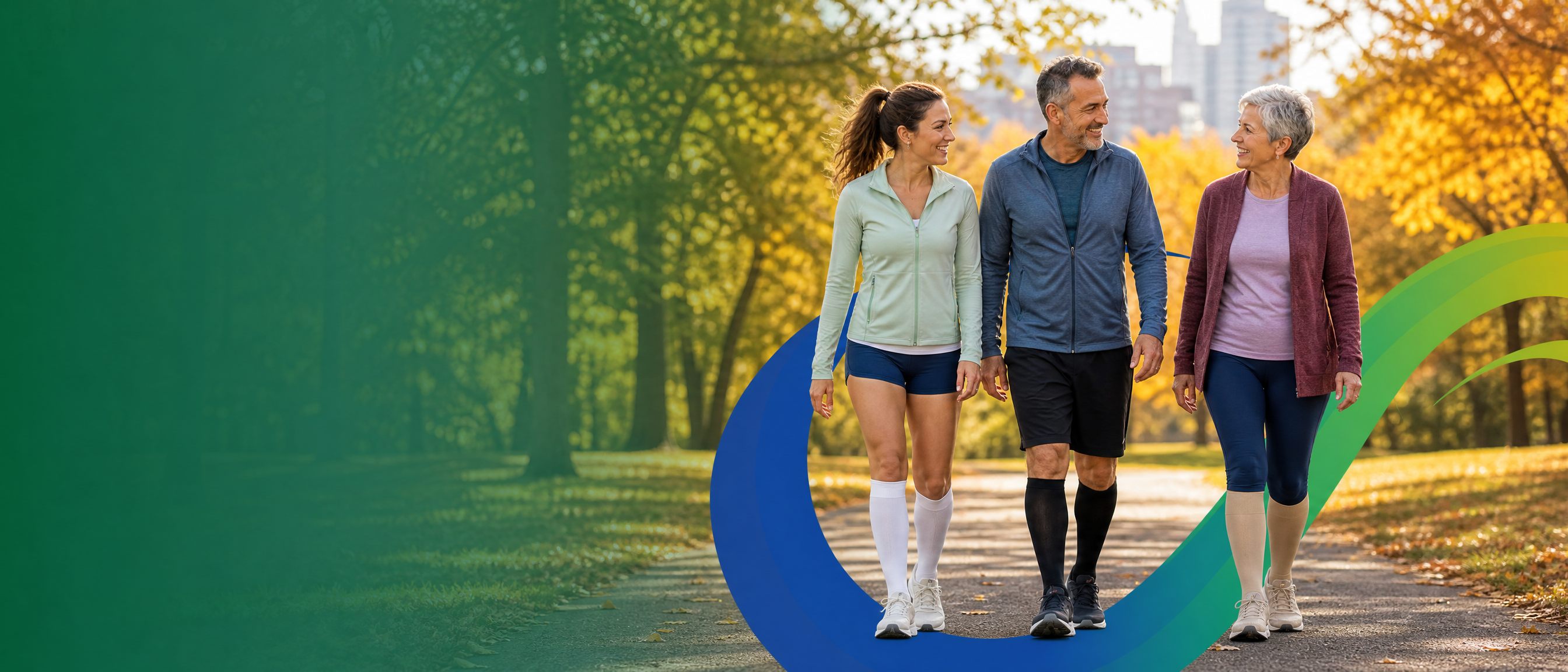 Mixed-age adults wearing compression socks in a golden autumn park