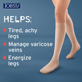 Jobst compression stocking with text from Compressionsale on a blue background