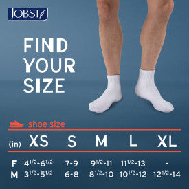 Jobst sock size chart with a person wearing white socks on a blue background